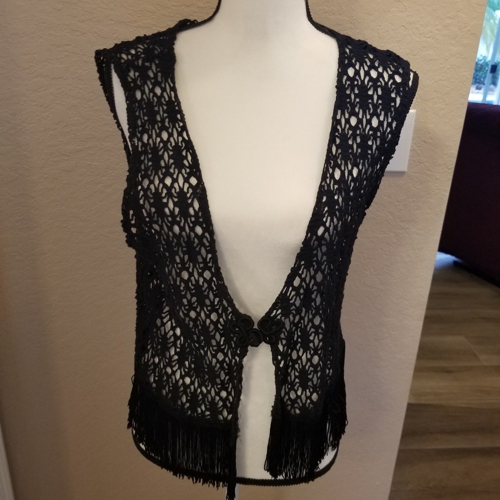 Vest, Black Boho Look with fringe, L